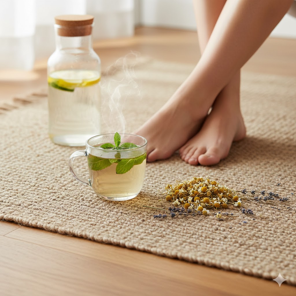 chá para desinchar pés, retenção de líquidos, inchaço nos pés, fitoterapia, dente-de-leão, cavalinha, alívio natural