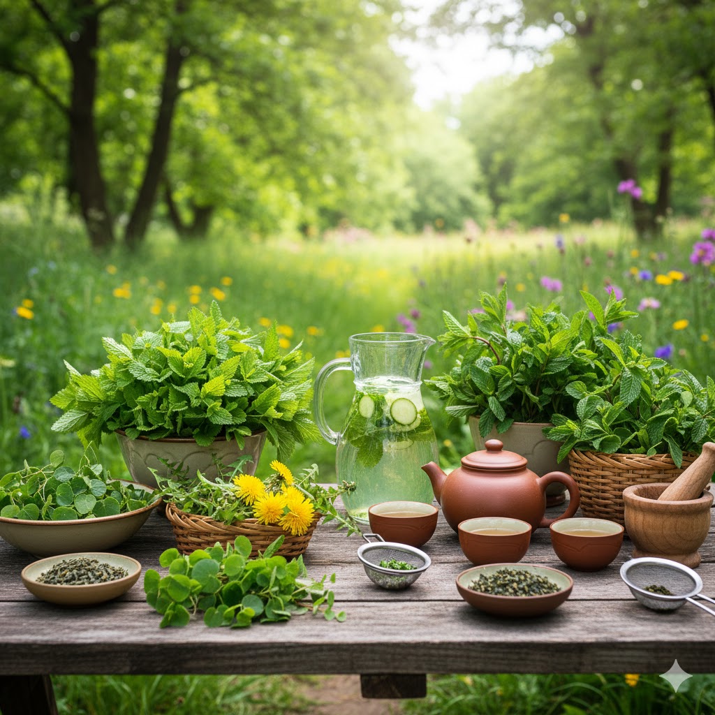 chá diurético, ervas medicinais, desinchaço, saúde renal, eliminação de líquidos, chá verde, dente-de-leão