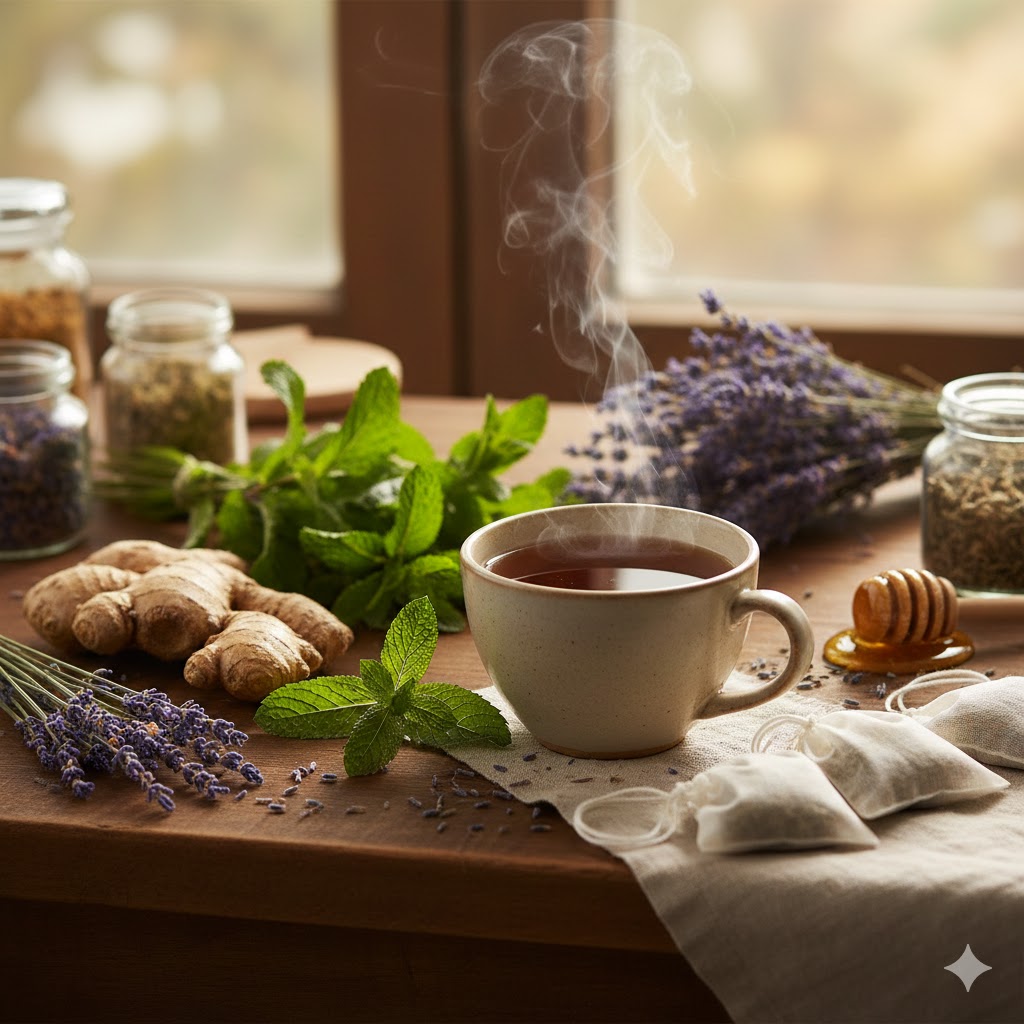 chá para enxaqueca caseiro, remédios naturais, camomila, gengibre, hortelã, lavanda, alívio enxaqueca